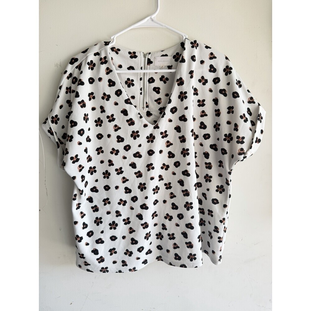 Melloday Cheetah Print large Blouse White Brown Neutral Bold Playful Casual